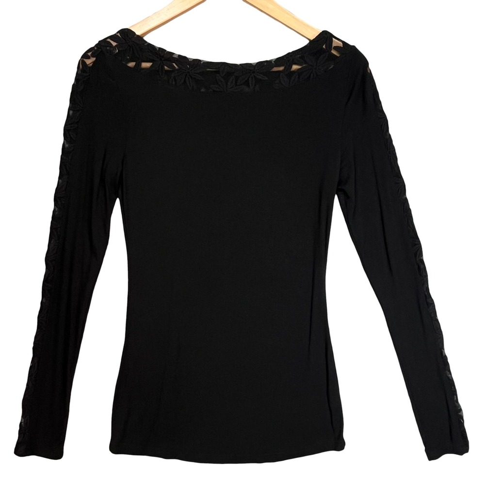 PattyBoutik Black Floral Lace Boat Neck Long Sleeve Fitted Top Size S